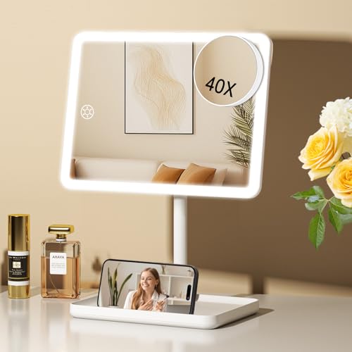 FUNTOUCH 9.5x7.5 Inch Rechargeable Vanity Mirror with Lights & 40X Magnifier, White