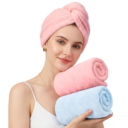 Mandydov Blue & Blush 100% Cotton Hair Towel Wrap for Women - 2 Pack, Ultra-Absorbent & Adjustable