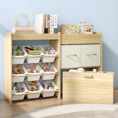 Solid Pine Kids Toy Storage Organizer with 9 Bins, 2 Drawers and Toy Chest