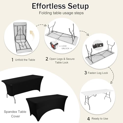 6ft Folding Table with Black Spandex Cover Set for Events and Parties
