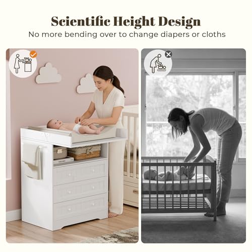 Foldable Baby Changing Table with 3 Drawers and Open Storage, White