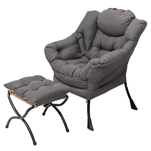 Ergonomic Lazy Lounge Chair with Foldable Ottoman, Dark Grey