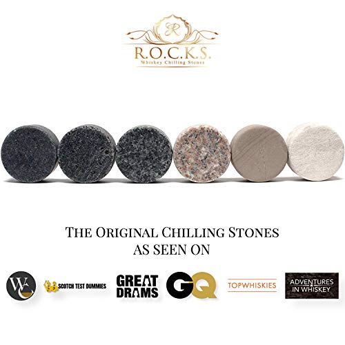 Rocks Whiskey Chilling Stones Set of 6 with Hardwood Storage Tray – Premium Granite Sipping Rocks for Fine Spirits