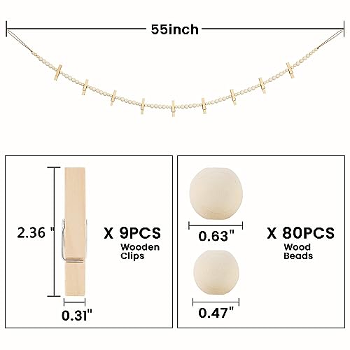 Boho Wood Bead Hanging Photo Display with 9 Clips, 55-inch Wall Decor