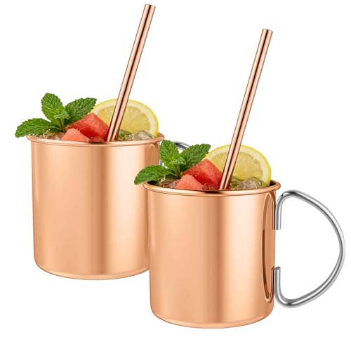 Rose Moscow Mule Copper Mug Set of 2, 15 oz - Hammered Copper Cups with Straws