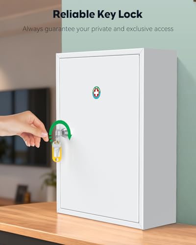 Locking Medicine Cabinet, Wall-Mounted Steel Medication Organizer with Keys