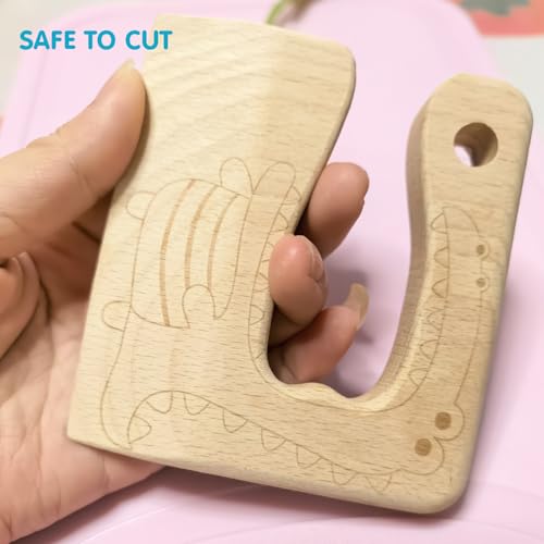 2 Pack Wooden Dinosaur Kitchen Knives for Kids Safe Fruit Cutting