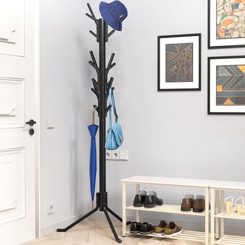 Standing Coat and Hat Rack, 18-Hook Metal Tree Hanger, Black