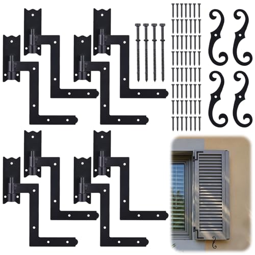 Heavy Duty Shutter Hinges and S-Holdback Hooks Kit, 2-Set Black Iron Hardware