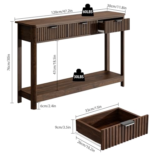 Fluted Wood Console Table with 3 Drawers, 47-inch Boho Entryway Sofa Table