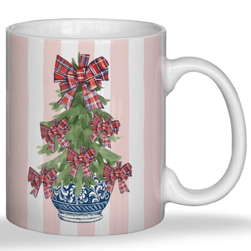 JINYO Christmas Coffee Mug - Pink Striped Chinoiserie Holiday Ceramic Cup, 11 oz - Christmas Coffee Mug-e