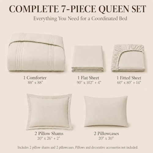 7-Piece Queen Comforter Set - Vertical Quilted Bed in a Bag, Beige