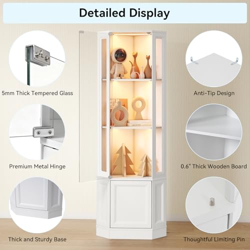65-inch Corner Display Cabinet with LED Lights and Tempered Glass Door