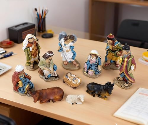 11-Piece Hand-Painted Nativity Set - Resin Holy Family Christmas Figurines