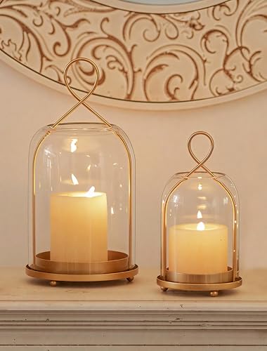 NUPTIO Glass Lanterns with Dome Shade - Gold Hurricane Candle Holders for Outdoor & Indoor Decor