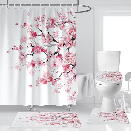 Pink Cherry Blossom 4-Piece Shower Curtain Set with Memory Foam Rugs