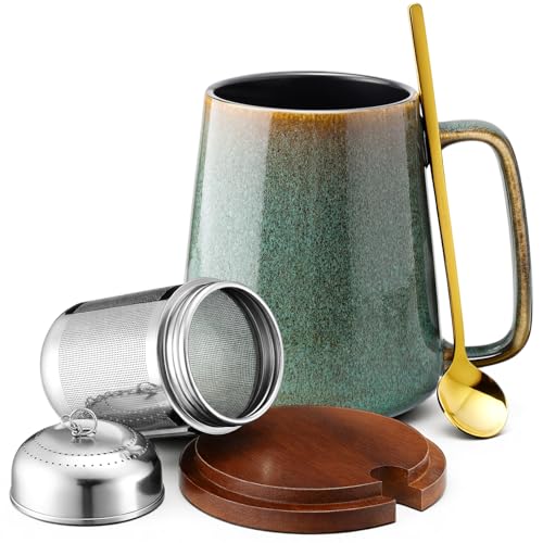 Green 24oz Ceramic Tea Mug with Infuser, Lid & Spoon – Large Coffee Cup for Tea Lovers
