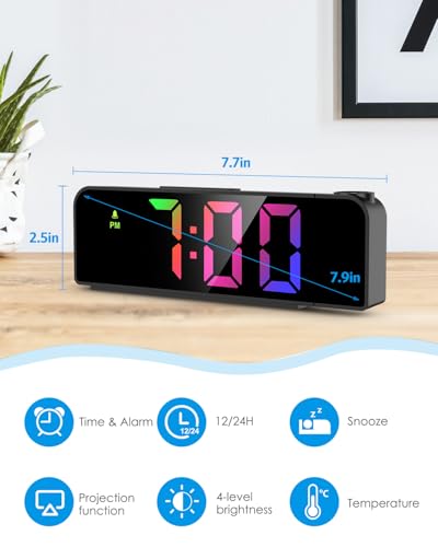 LED Projection Alarm Clock with 7.9" Display, Adjustable Brightness & Snooze