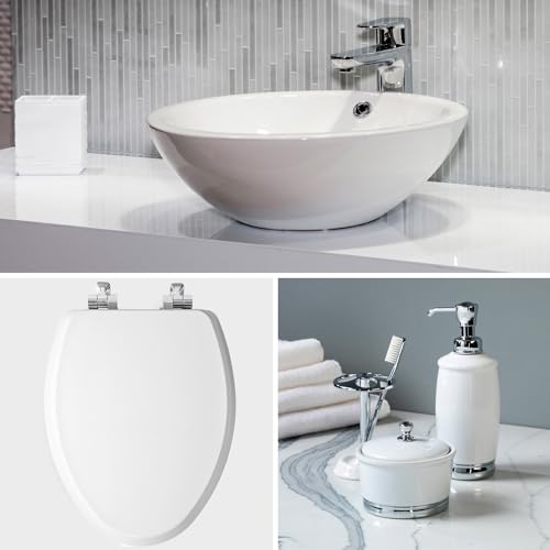 Slow Close Round Toilet Seat with Chrome Hinges, Enameled Wood, White