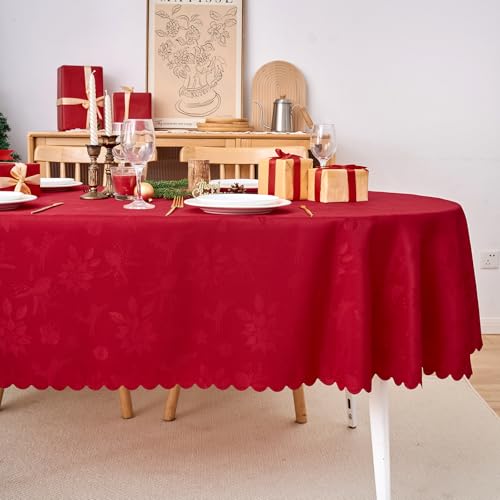 EFFICINATURE Red Jacquard Oval Tablecloth 60x84 Inches Waterproof & Washable