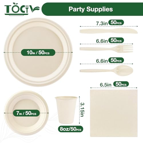 350 Pcs Nature Eco-Friendly Disposable Dinnerware Set for 50: 10in & 7in Plates, 8oz Cups, 6.6in Napkins + Utensils