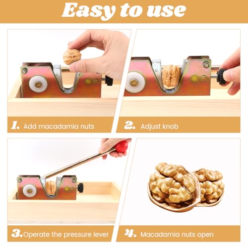 Heavy Duty Nut Cracker with Wooden Base & 4 Stainless Steel Picks - Adjustable Leverage Tool for All Nuts