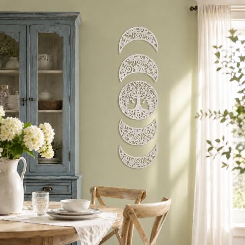 5-Piece Moon Phase Wall Art Set, 3D Hollow Carved Wooden Botanical Decor
