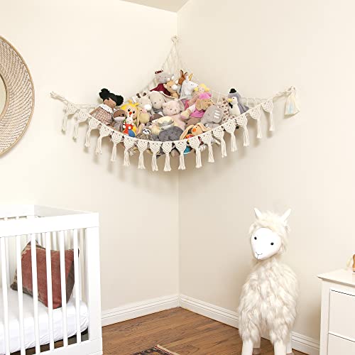 Extra Large Macrame Stuffed Animal Hammock with LED Lights, Cotton Toy Net