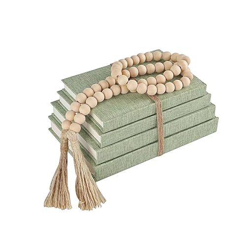 4-Piece Sage Linen Decorative Books Set with Wood Beaded Tassel