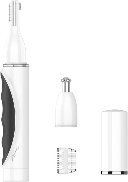 Conair GIRLBOMB Nose Hair Trimmer - Battery-Operated Face Hair Removal for Women | 360° Beveled Blade, LED Light, White