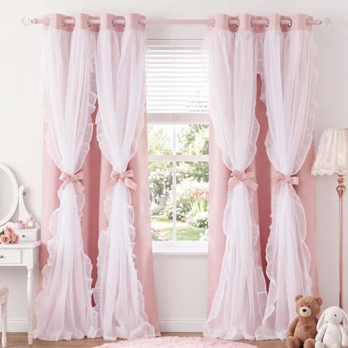 Pink Blackout Curtains with Ruffle Sheer Overlay, 52x84 Inch - 2 Panels