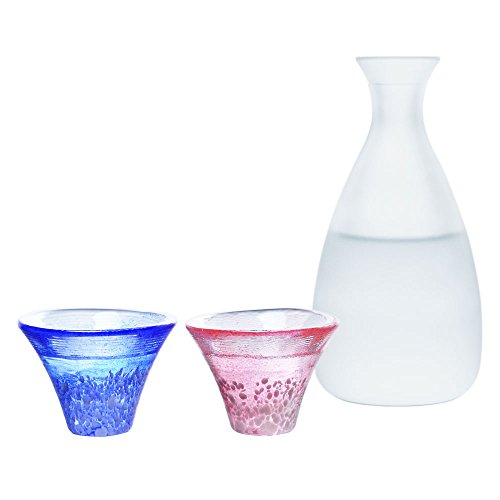 Blue, Red & White Cold Sake Set with Cups and Tokuri - Japan Made 3-Piece