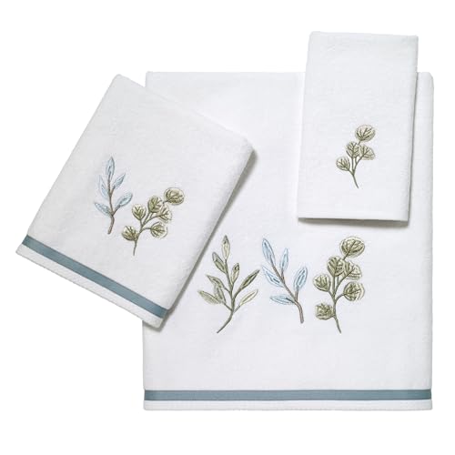 Embroidered Leaf Fingertip Towel, 100% Cotton Velour Bathroom Decor