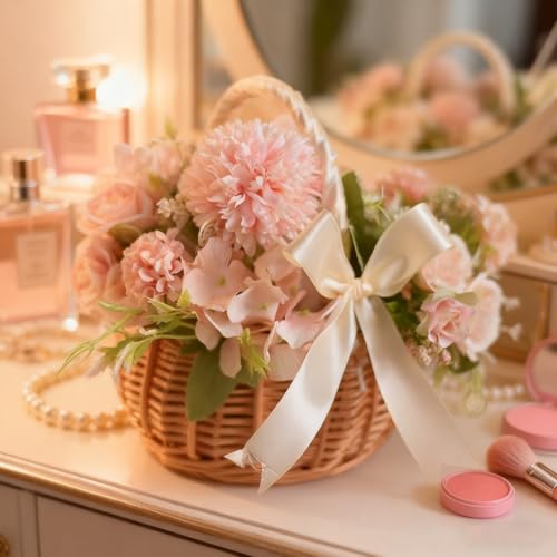 2-Pack Handmade Wicker Flower Girl Baskets with Ribbon and Handles
