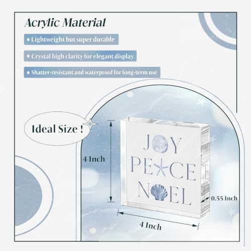 Joy Peace Noel Sign Beachy Christmas Decor - Acrylic Desk Shelf Accent (4x4 inches)