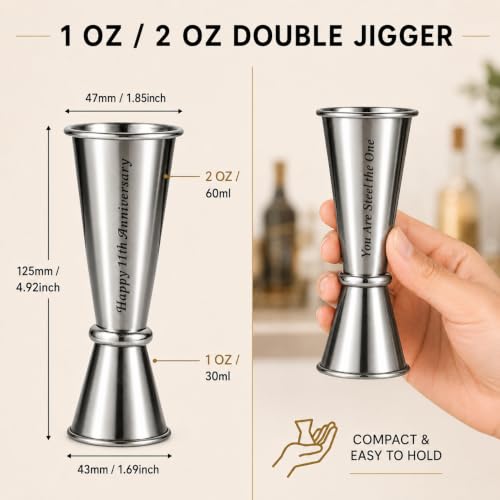 11th Anniversary Steel Jigger Gift for Men Women - Stainless Steel Cocktail Measure