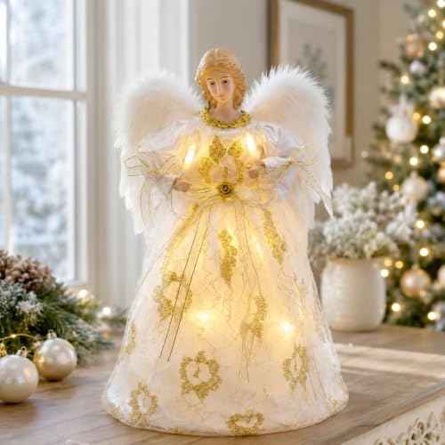 Vertintong Cute Style 16-Inch Lighted Angel Christmas Tree Topper - White Angel Decor