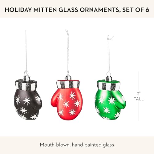 Rustic Mini Set of 6 Glass Christmas Ornaments - Holiday Mitten Decorations