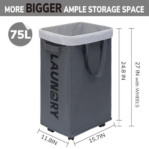 75L Rolling Laundry Basket with Wheels & Removable Mesh Liner - Grey