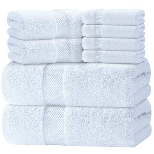 White Classic 8-Piece Turkish Cotton Bath Towel Set, Highly Absorbent