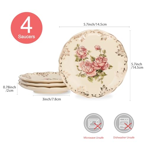 YOLIFE Pink Rose Tea Saucers Set of 4, 5.8-Inch Fine Porcelain Tea Plates