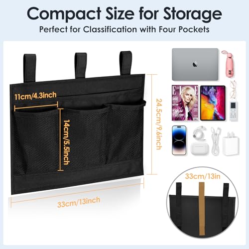 Bedside Caddy Storage Organizer - 4-Pocket Hanging Bed Organizer, Black