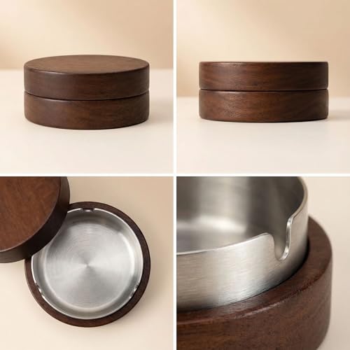 2-Pack Wooden Ashtray with Lid - Smokeless Stainless Steel Outdoor Tray