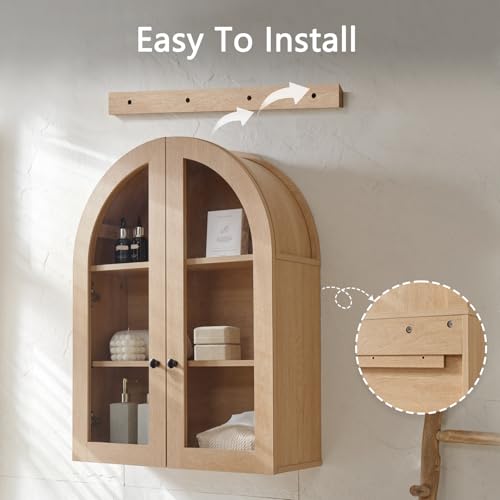 Arched Bathroom Wall Cabinet with Glass Doors and Adjustable Shelves