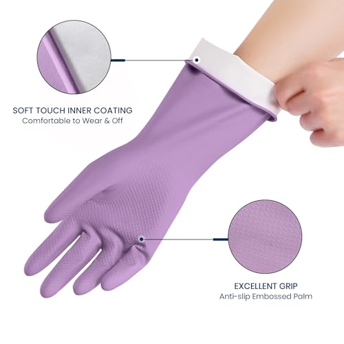 Reusable Rubber Dishwashing Gloves with Flocked Lining (4 Pairs) - Size M