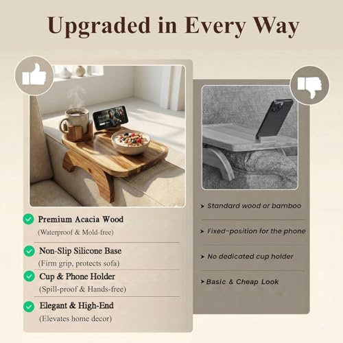 Acacia Wood Couch Armrest Tray with Rotating Phone & Cup Holder