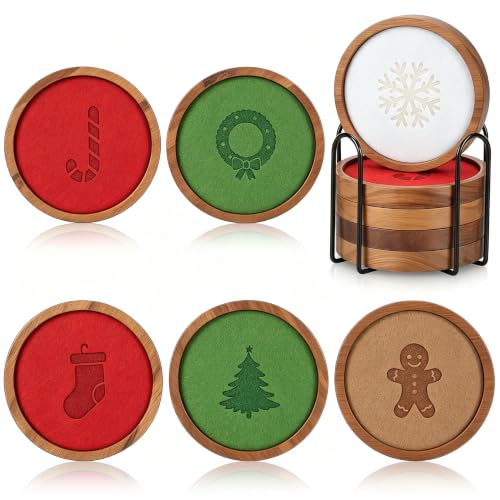 RIIOSUUON Christmas Atmosphere Coasters Set of 6 with Holder – Absorbent Felt, Replaceable Pads