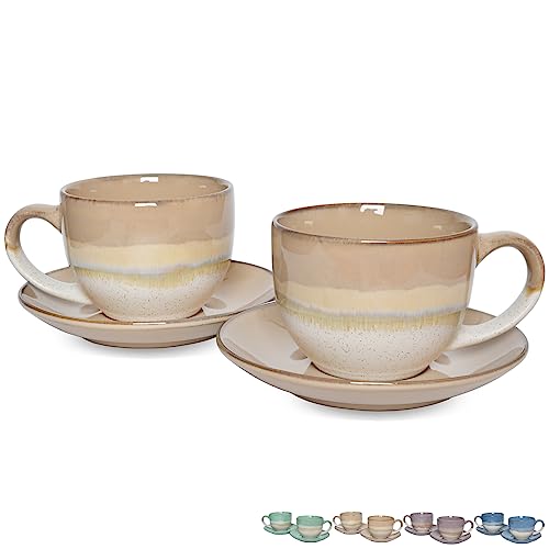 Bosmarlin Brown Ceramic Cappuccino Cup & Saucer Set of 2, 10 Oz Coffee Mugs