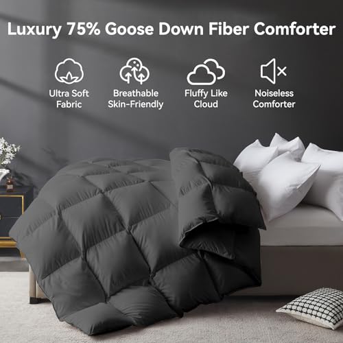 L LOVSOUL All-Season Goose Down Fiber Comforter - Queen Duvet Insert, Grey