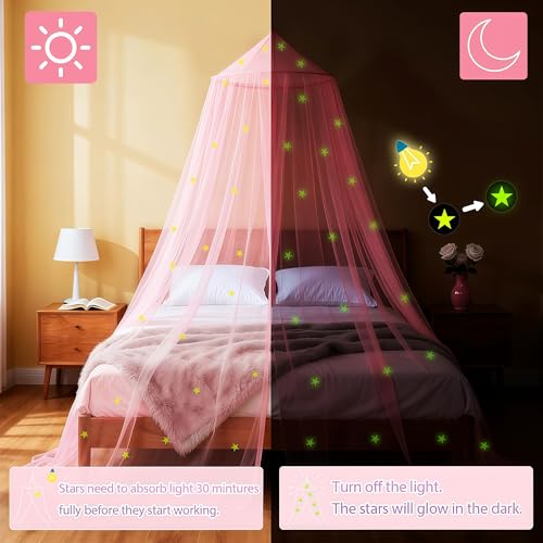 Pink Princess Bed Canopy with Glow-in-the-Dark Stars for Girls Room